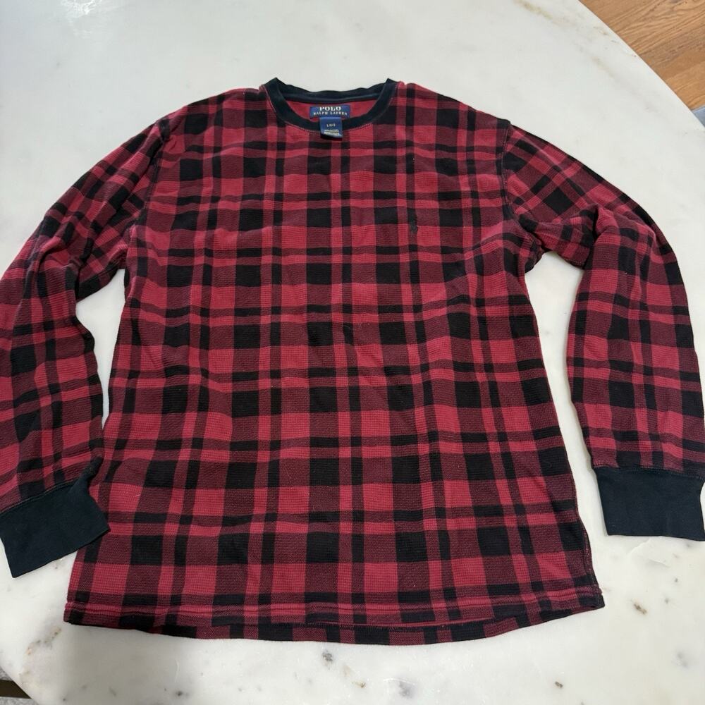 Polo Ralph Lauren Shirt Mens L Red Black Plaid Waffle Knit Thermal Long Sleeve